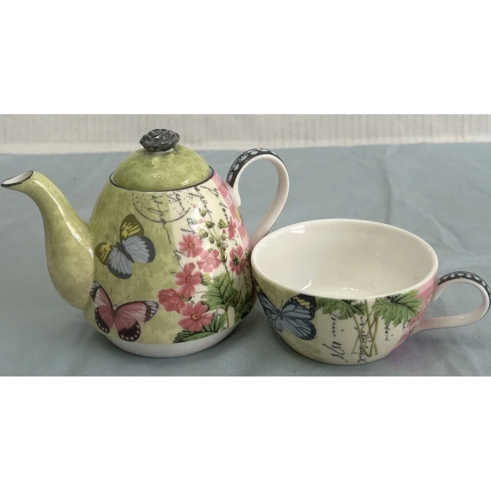 Porcelain Tea for One Stackable Teapot & Mug Butterfly Garden Theme